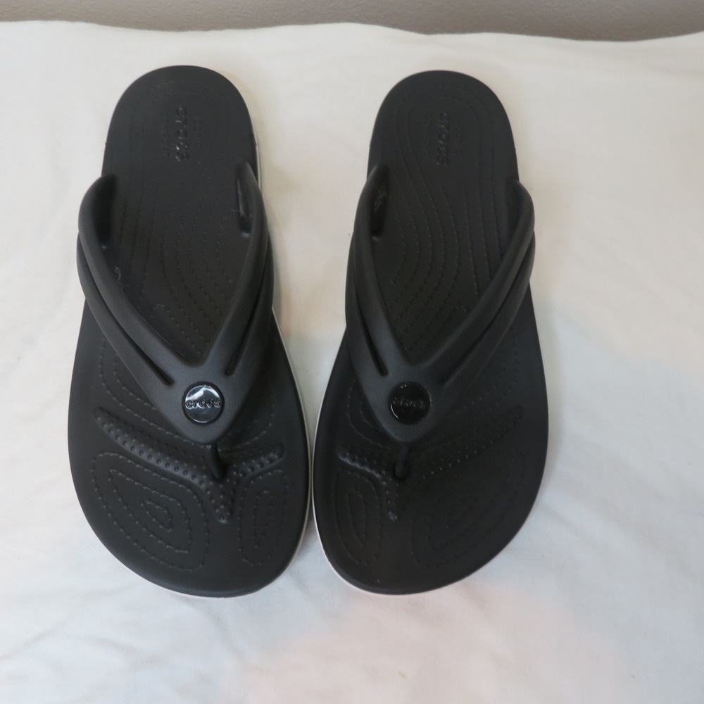 Crocs Crocband Flip Flops Black White Sporty Athletic Thong Sandals Womens 9